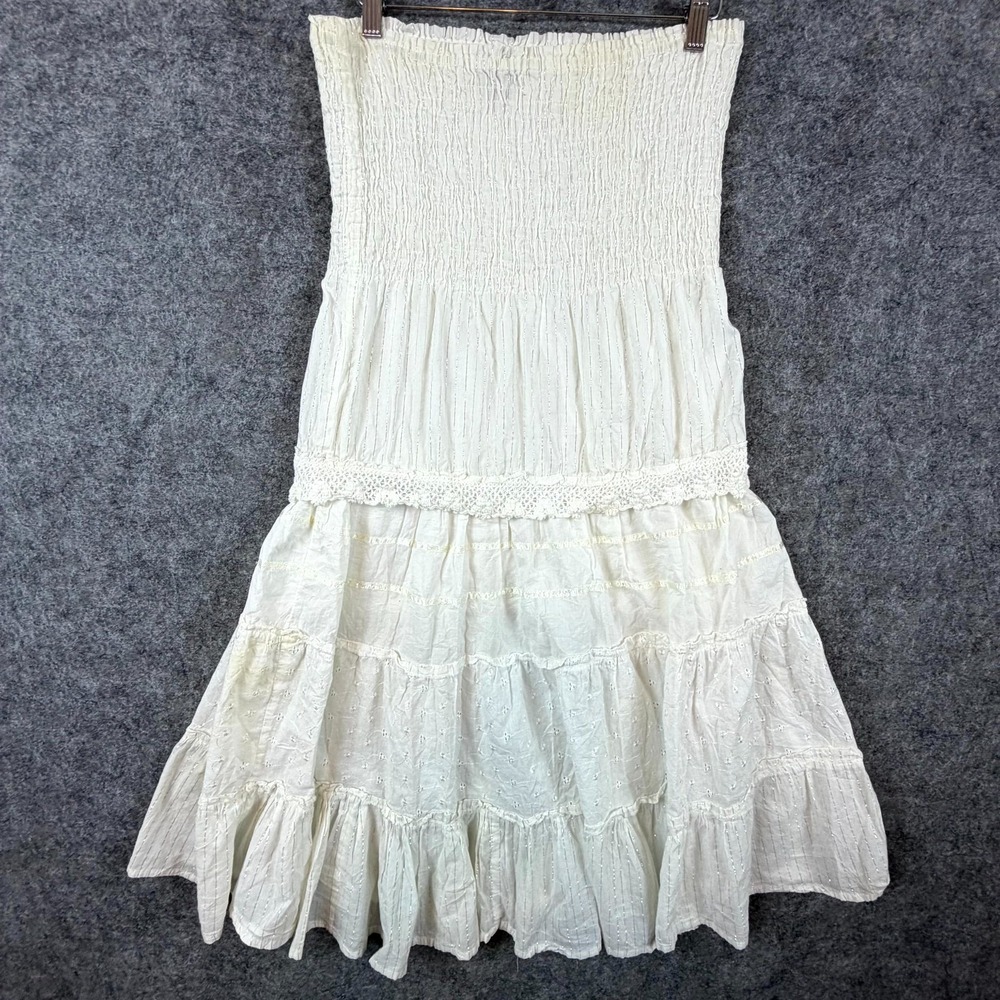 Lambina Strapless Midi Dress Women Small White Crochet Eyelet Tiered Boho Ruffle